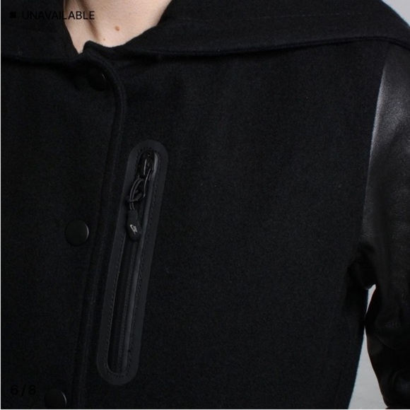 Nike NSW Black Leather Wool Hooded Destroyer Varsity Bomber Jacket Sz S Preppy - Picture 8 of 16